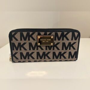 Michael Kors Beige and Black MK Monogram Zip Wallet with Gold Plaque